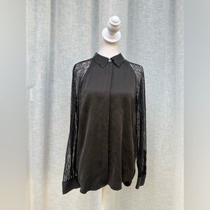 Equipment Femme black long sleeve button down silk lace blouse shirt
